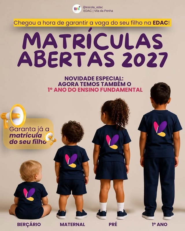 Matrículas abertas 2027: berçário, maternal, pré e novidade, 1º ano do Ensino Fundamental